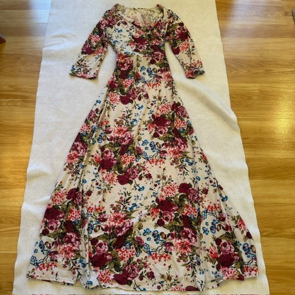 PinkBlush Floral Maxi Dress S Cream Burgundy 3 4 Sleeve V Neck Maternity Boho
